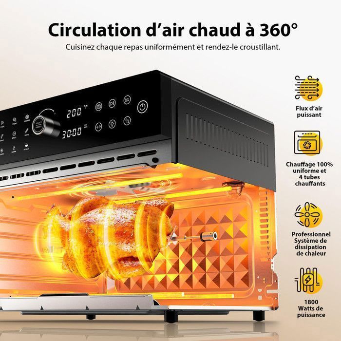 Mini four professionnel - Four a air, 30L/21 Programmes/30-230℃, Lumière intégrée, Cavité et plateaux en acier inoxydable