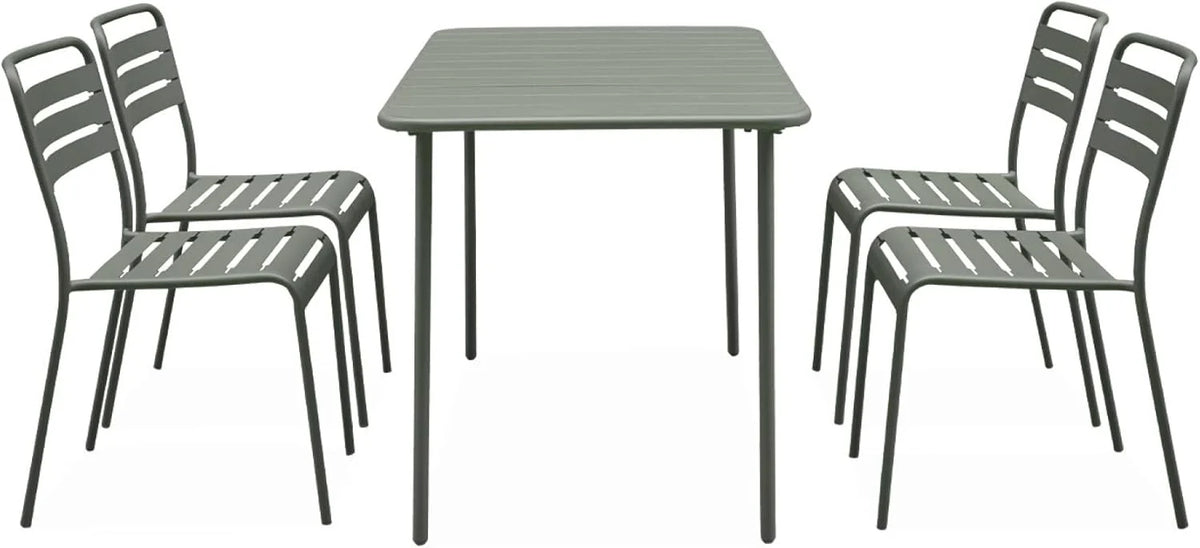 sweeek - Table de Jardin métal + 4 assises Anthracite en Kaki. Amelia. 120x70xH72.5cm