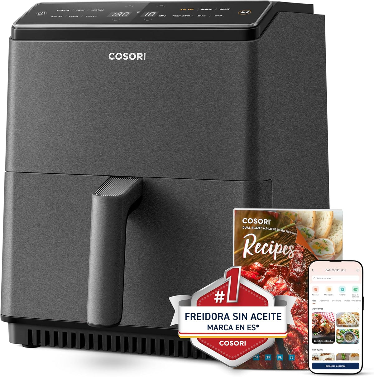COSORI Freidora Inteligente Sin Aceite 6.4L, Freidora de Aire con Doble Calentamiento, Sin Revolver ni Precalentar, con Recetas en Español y 12 Programas, Gris Oscuro, Modelo CAF-P583S
