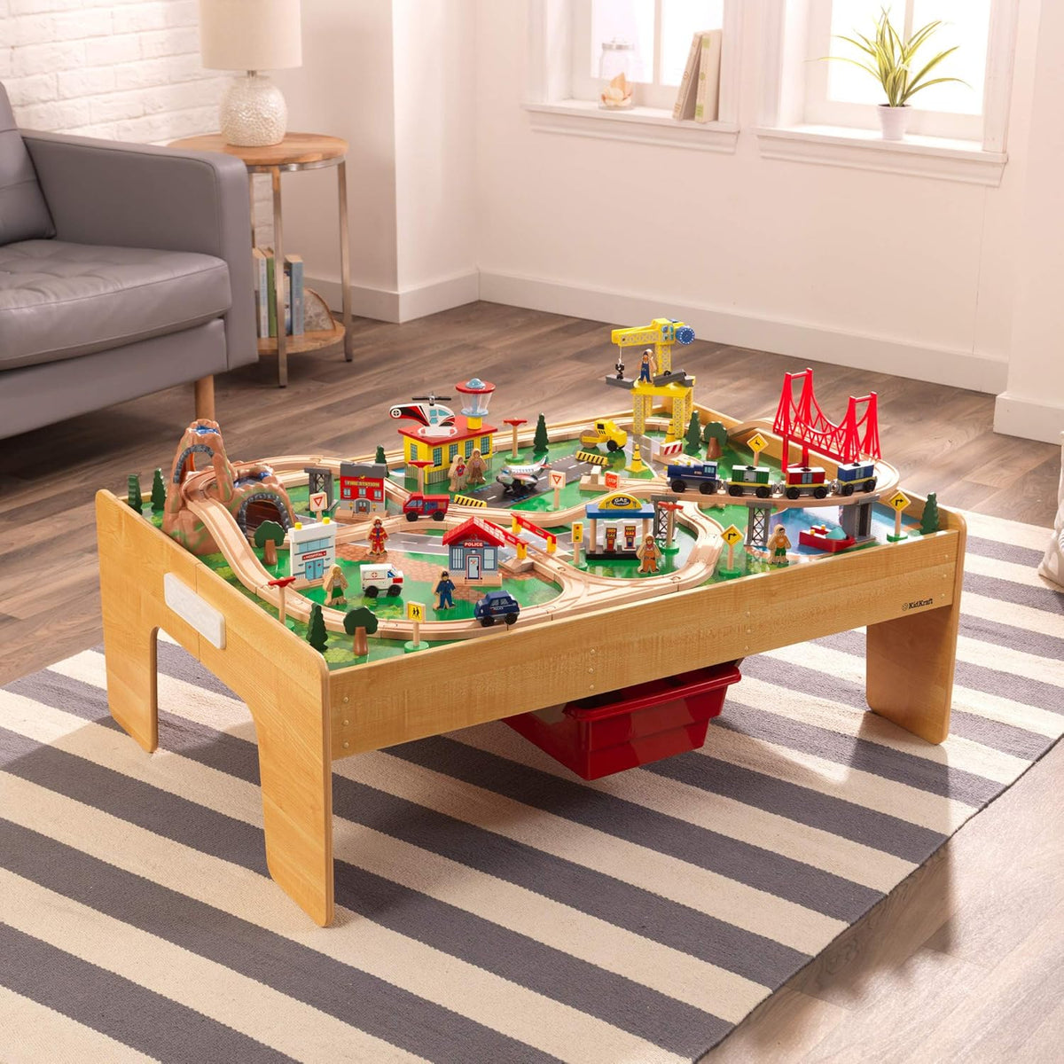 KidKraft Waterfall Mountain Wooden Train and Table Set with Storage Boxes, Railway Circuit with Cars, Helicopter and Plane Toy Children 3+ Years (17850)
