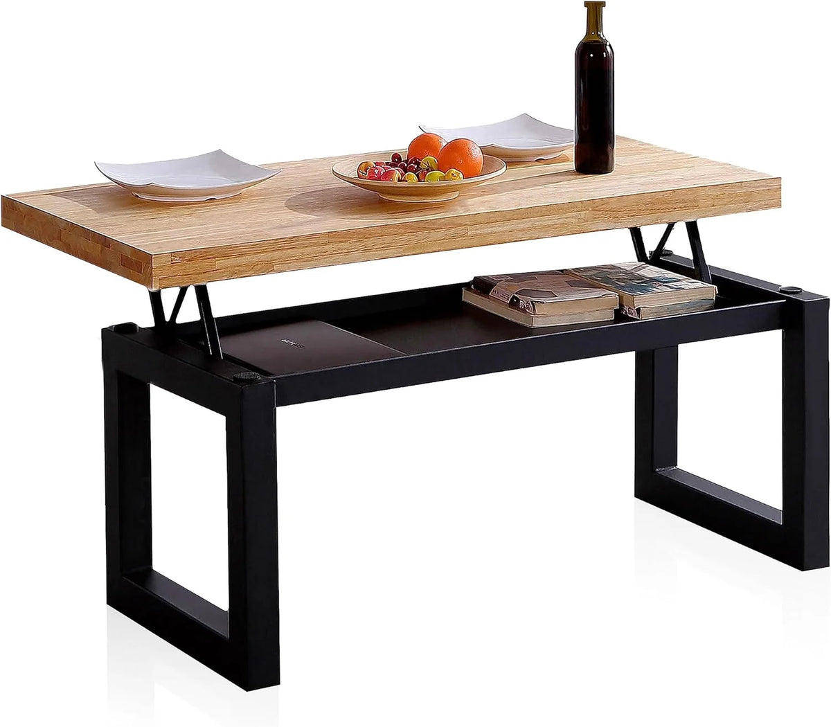 Duehome | Loft, Lifting Coffee Table, Dining Table, Oak and White Finish, Measures: 120 cm (L) x 60 cm (W) x 47.5/62 cm (H)