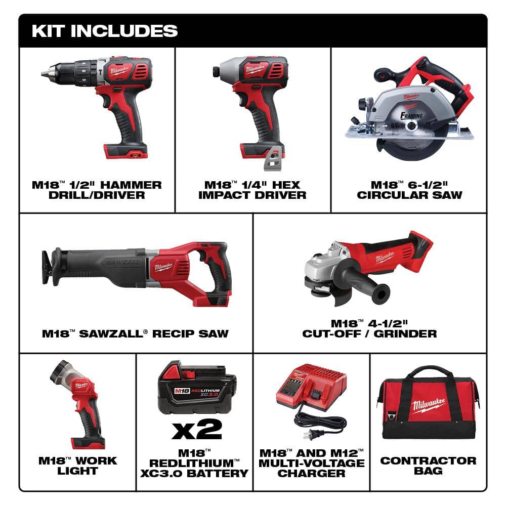 Kit combinado inalámbrico M18 de 18V con batería de litio (6 herramientas) con dos baterías de 3.0 Ah, 1 cargador, 1 bolsa para herramientas 2696-26