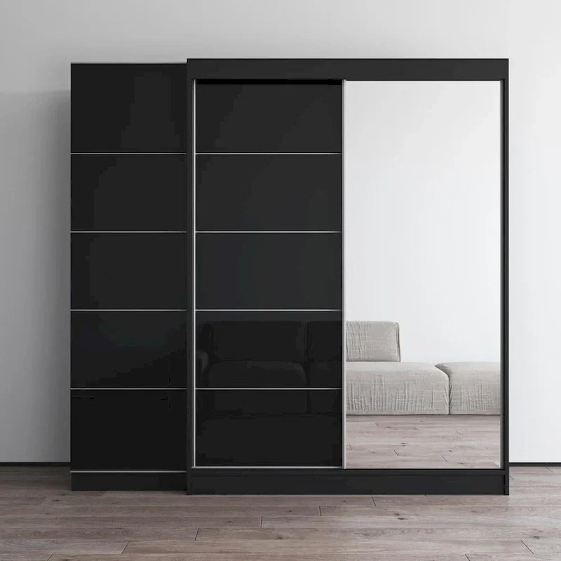 2-Door Wardrobe with Mirror, Glass Front, 2-Person (Gray / Black / White)
