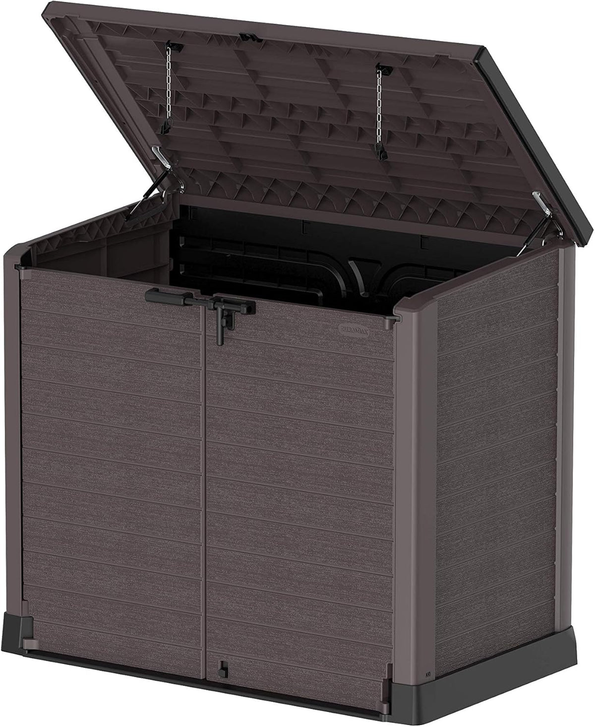 Duramax StoreAway 1200L Plastic Garden Shed/ Flat Lid, Outdoor Storage Shed, Wheelie Bin Hideaways, Wheelie bin box, Durable Construction, Ideal for Bikes, BBQs & 2x 240L Bins, 145x85x125 cm, Brown