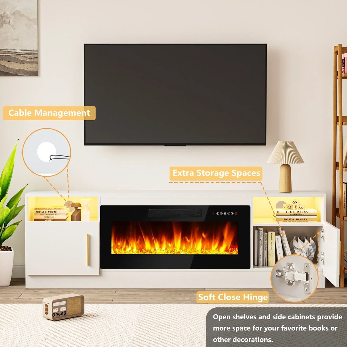 Bossin 70 Fireplace TV Stand with 36 Electric Fireplace, TV Stand for TVs Up to 80, 16 Colors LED Lights/Entertainment Center