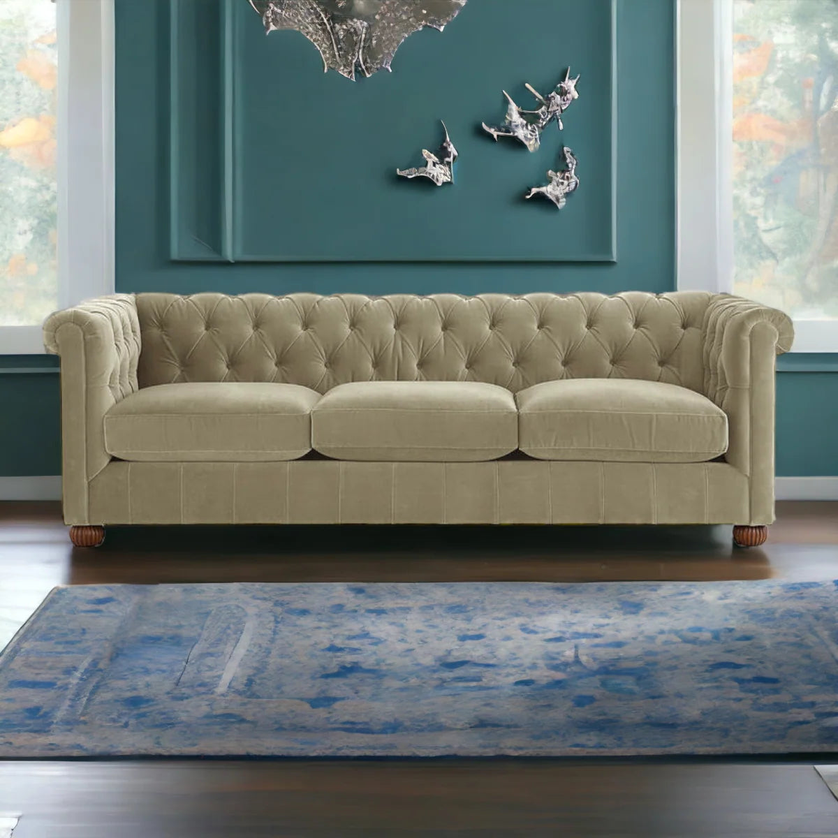 Brenna 3 Seater Teak Wood Fabric Sofa