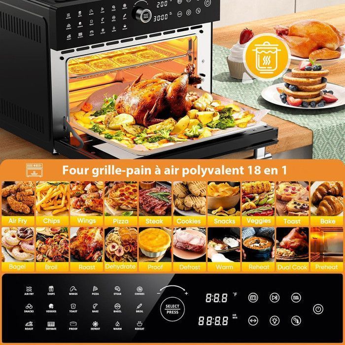 Mini four professionnel - Four a air, 30L/21 Programmes/30-230℃, Lumière intégrée, Cavité et plateaux en acier inoxydable