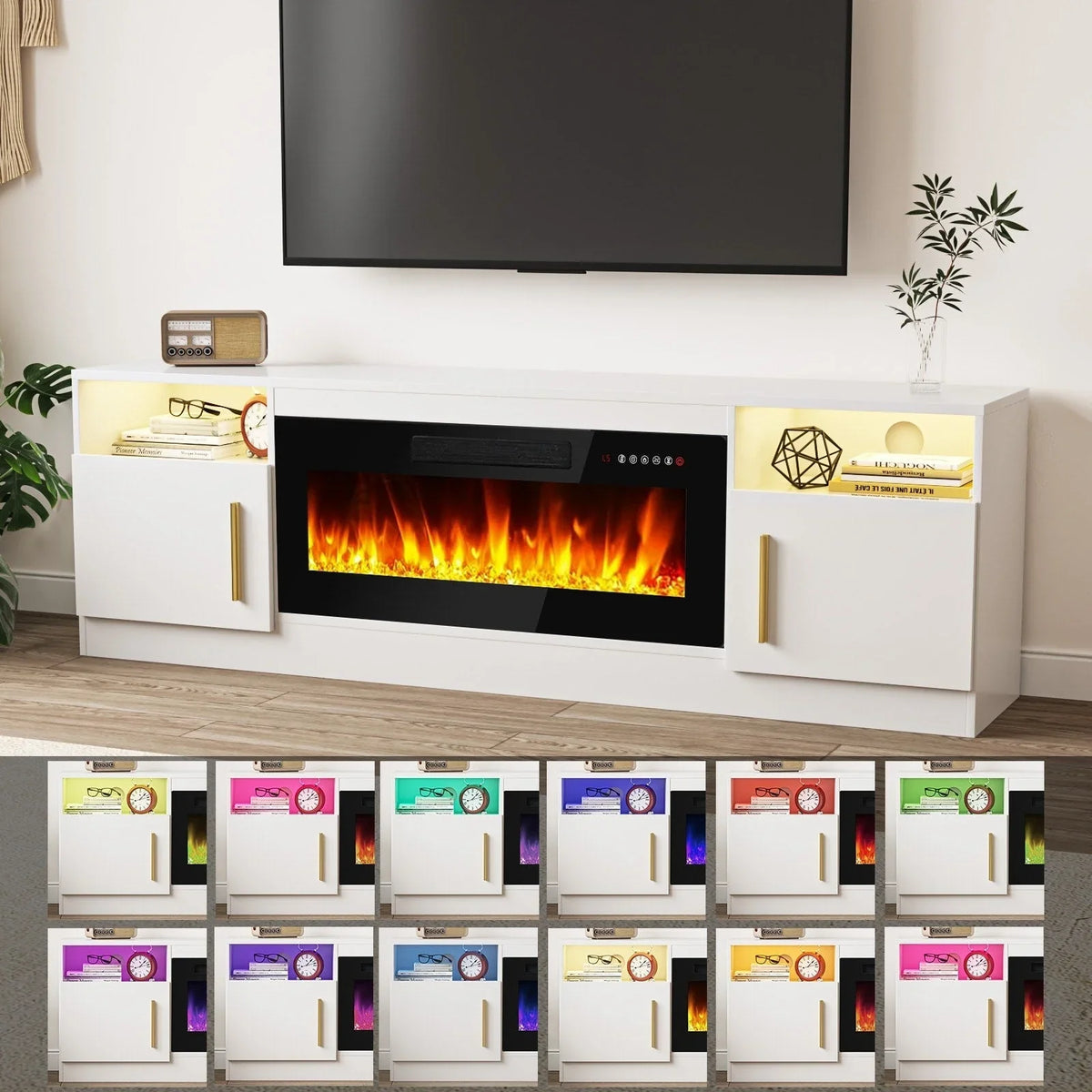 Bossin 70 Fireplace TV Stand with 36 Electric Fireplace, TV Stand for TVs Up to 80, 16 Colors LED Lights/Entertainment Center