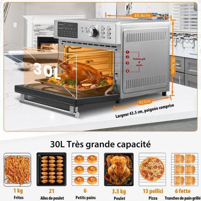 Mini four professionnel - Four a air, 30L/21 Programmes/30-230℃, Lumière intégrée, Cavité et plateaux en acier inoxydable