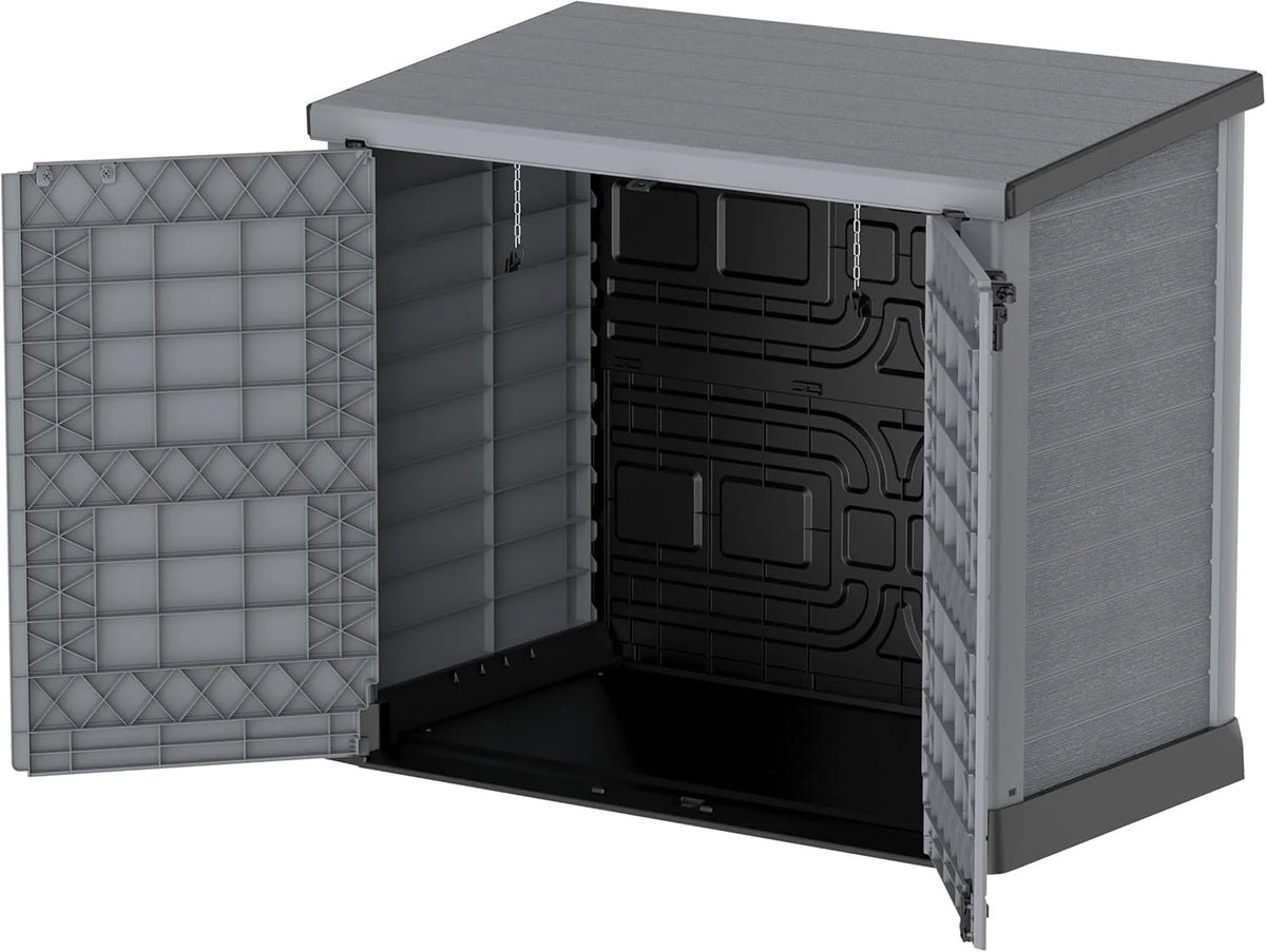Duramax StoreAway 1200L Plastic Garden Shed/ Flat Lid, Outdoor Storage Shed, Wheelie Bin Hideaways, Wheelie bin box, Durable Construction, Ideal for Bikes, BBQs & 2x 240L Bins, 145x85x125 cm, Brown