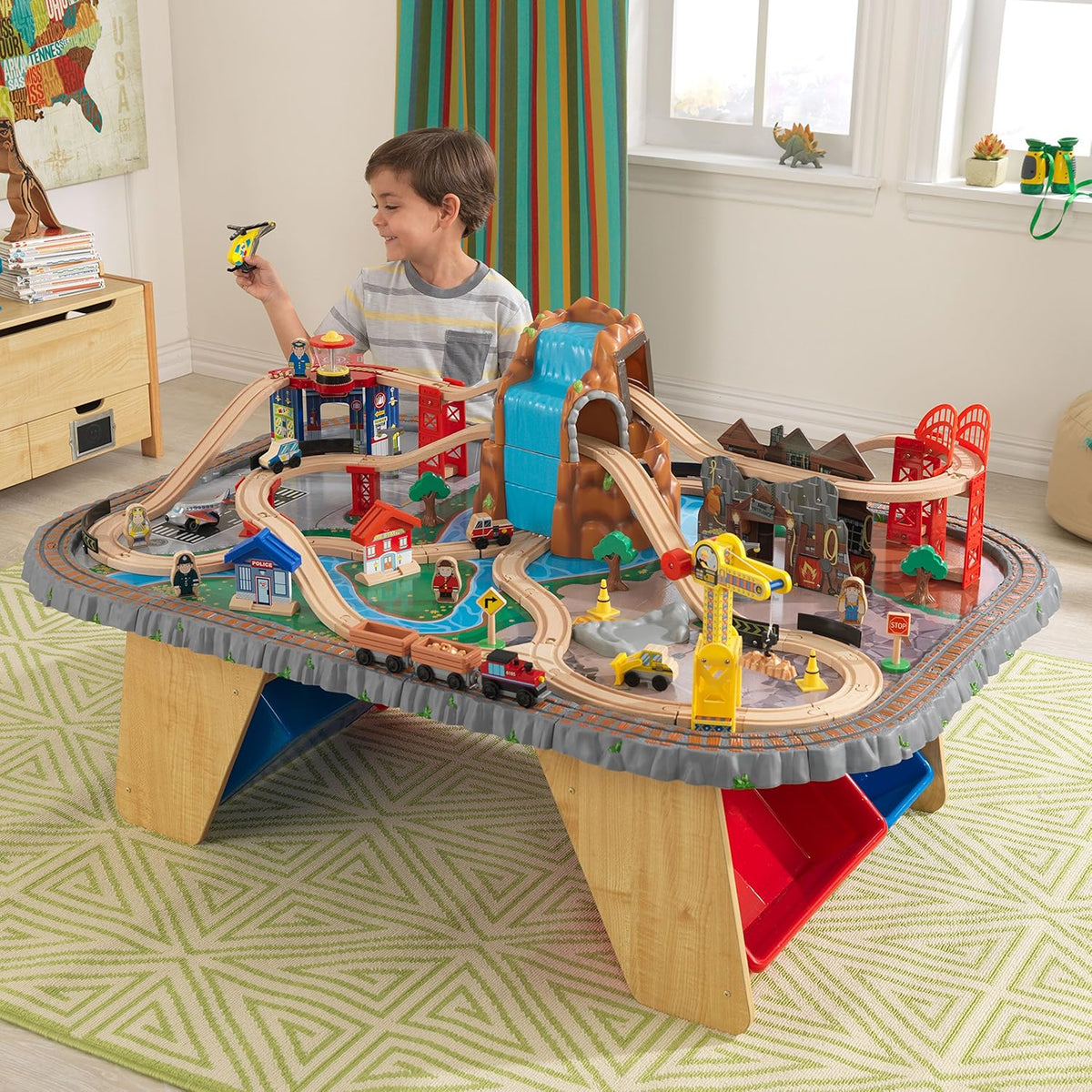 KidKraft Waterfall Mountain Wooden Train and Table Set with Storage Boxes, Railway Circuit with Cars, Helicopter and Plane Toy Children 3+ Years (17850)