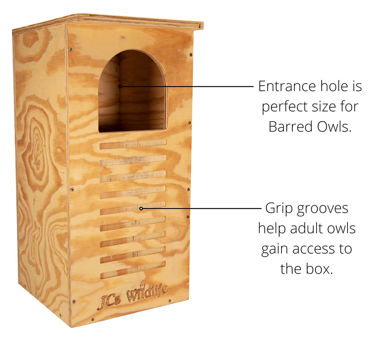 Caja Nido para Búho Barrado de JCs Wildlife – Contrachapado tratado para exteriores – Herrajes de montaje y virutas de pino incluidas – Puerta especial para limpieza fácil – Hecho en EE. UU.