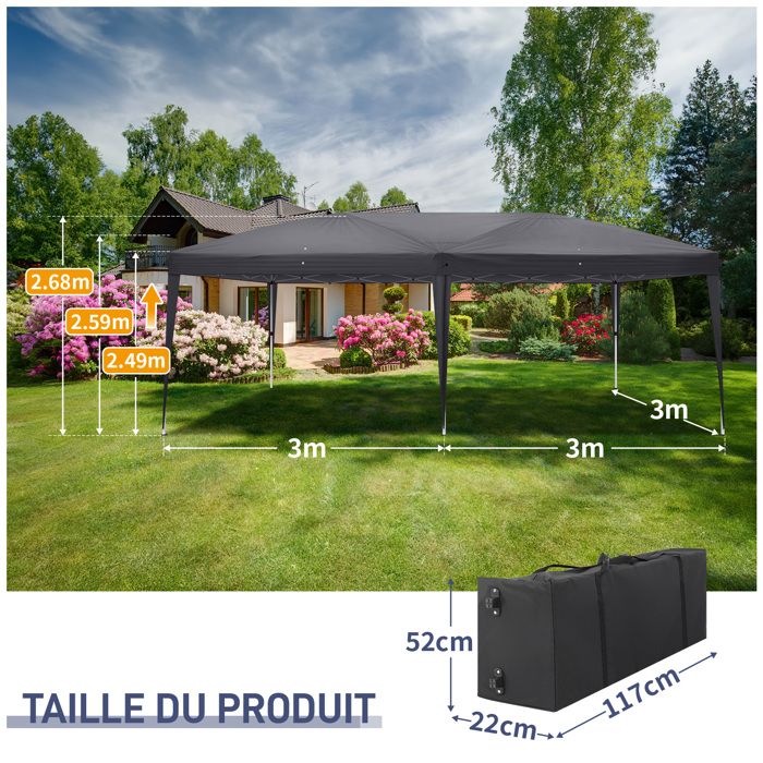 Alightup Tonnelle de Jardin,Tonnelle pliante 3 x 6m Pop Up,Hauteur Réglable,Imperméable,Protection de UV,Gris