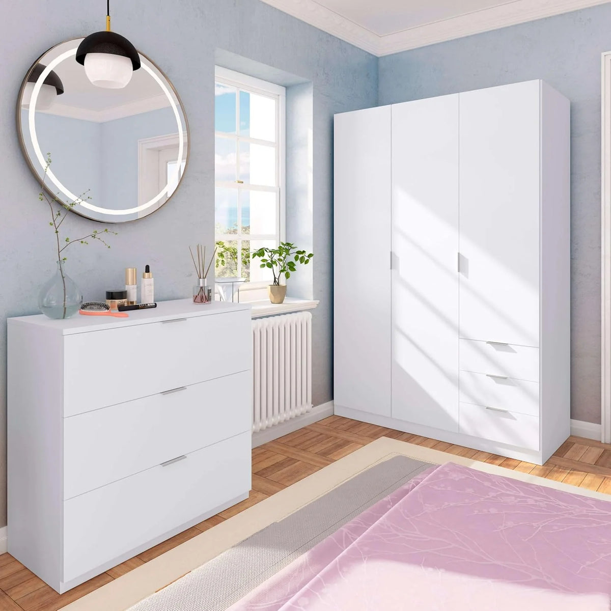Habitdesign Three Door and Three Drawer Wardrobe Closet, Artic White Finish, Measurements: 121 cm (W) x 180 cm (H) x 52 cm (D)