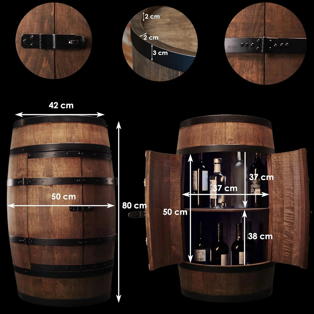 CREATIVE COOPER Tonneau à vin avec Porte - Armoire à Alcool - Étagère à Bouteilles en Bois - Baril en Bois - Vin Rack - Wineregal - Bar à vin - Baril avec Porte - minibar de 80 cm (wengé)