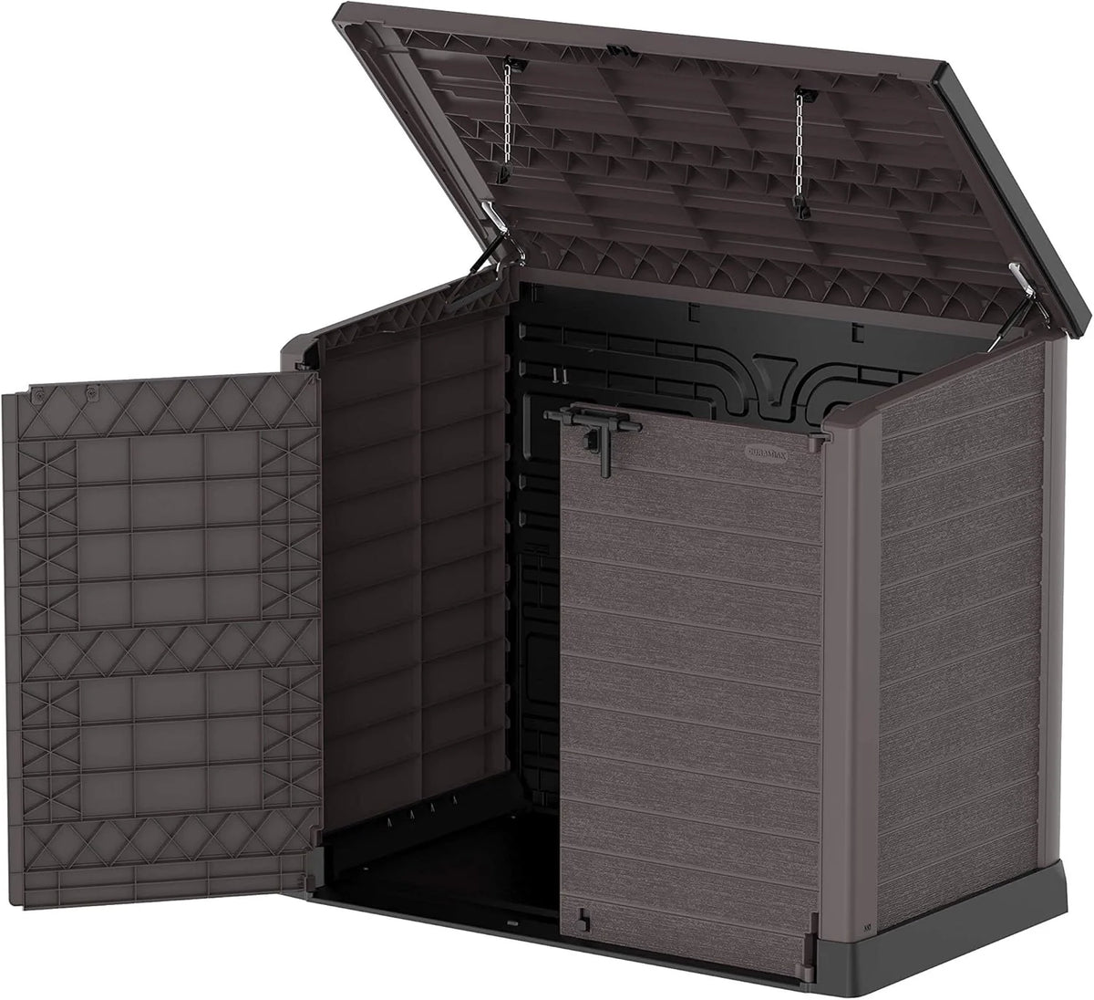 Duramax StoreAway 1200L Plastic Garden Shed/ Flat Lid, Outdoor Storage Shed, Wheelie Bin Hideaways, Wheelie bin box, Durable Construction, Ideal for Bikes, BBQs & 2x 240L Bins, 145x85x125 cm, Brown