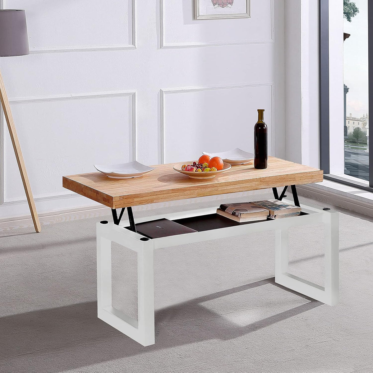 Duehome | Loft, Lifting Coffee Table, Dining Table, Oak and White Finish, Measures: 120 cm (L) x 60 cm (W) x 47.5/62 cm (H)