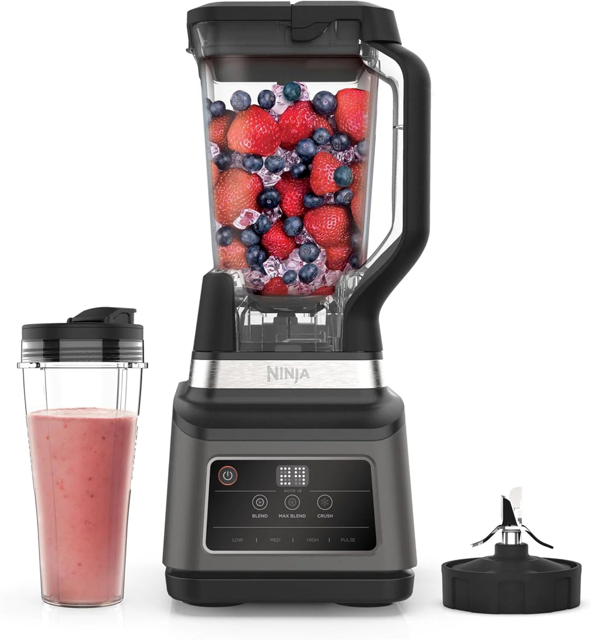 Ninja BN750EU Licuadora 2-en-1 – 1200 W, 3 Programas Automáticos, 4 Configuraciones Manuales, Tecnología Auto-iQ, Jarra de 2.1 L y Vaso de 700 ml, Piezas Aptas para Lavavajillas – Negro/Plata