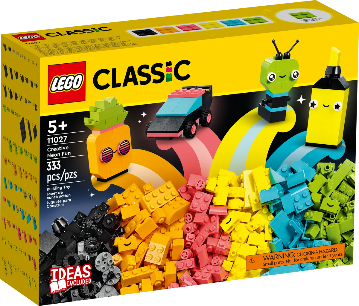LEGO Classic Caja de Bloques Creativa con Colores Neón Divertidos 11027, Juguete de Construcción para Crear un Coche, Piña, Alienígena, Patines y Más Ideas para Niños, Niñas de 5 Años en Adelante