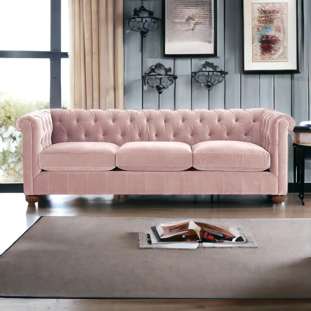 Brenna 3 Seater Teak Wood Fabric Sofa