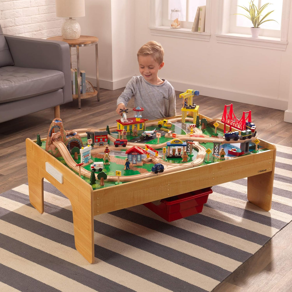 KidKraft Waterfall Mountain Wooden Train and Table Set with Storage Boxes, Railway Circuit with Cars, Helicopter and Plane Toy Children 3+ Years (17850)