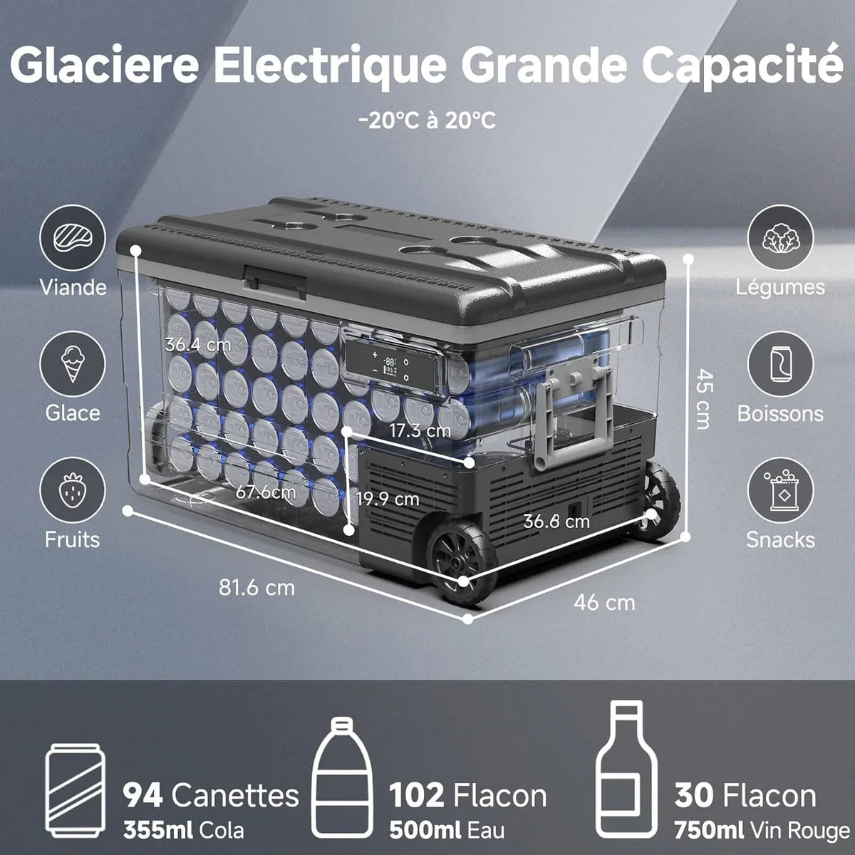 45L Glacière à Compresseur,Glaciere Électrique -20℃ à 20℃,Frigo Camion APP&Bouton Contrôle,12/24V DC et 100-240V AC Glaciere Camping Pour Voiture,Camion,Bateau et Prise De Courant -