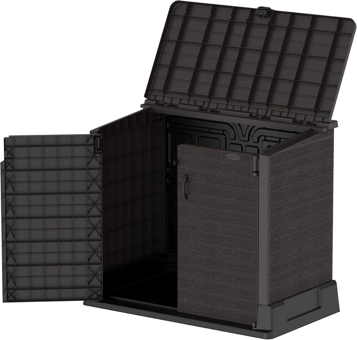 Duramax StoreAway 1200L Plastic Garden Shed/ Flat Lid, Outdoor Storage Shed, Wheelie Bin Hideaways, Wheelie bin box, Durable Construction, Ideal for Bikes, BBQs & 2x 240L Bins, 145x85x125 cm, Brown