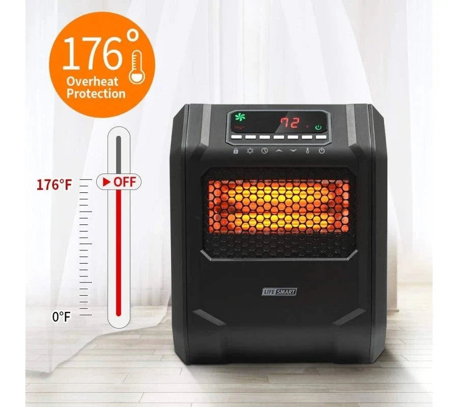 Calefactor de Espacio Infrarrojo LIFE SMART con 6 Elementos de Cuarzo, Pantalla Digital LED, Calentamiento Rápido con Control Remoto y Temporizador, Sistema de Termostato con Protección contra Vuelcos y Sobrecalentamiento para el Hogar