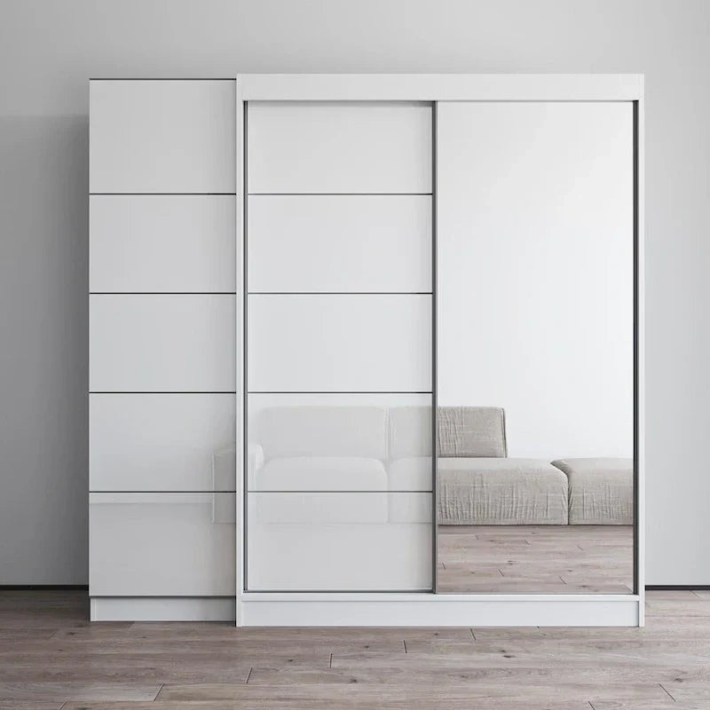 2-Door Wardrobe with Mirror, Glass Front, 2-Person (Gray / Black / White)