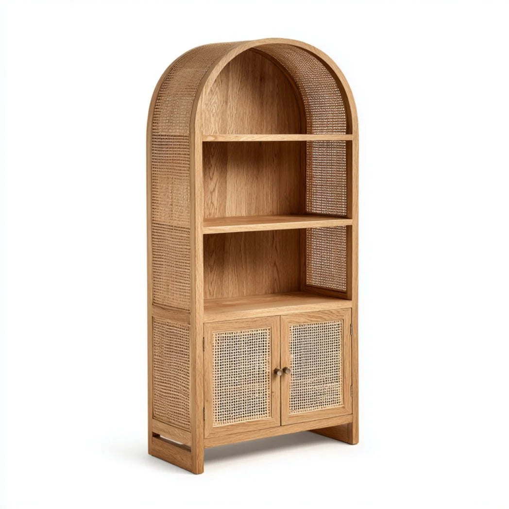 Étagère salle de bain bois naturel avec structure arquée, 3 étagères et armoire à 2 portes