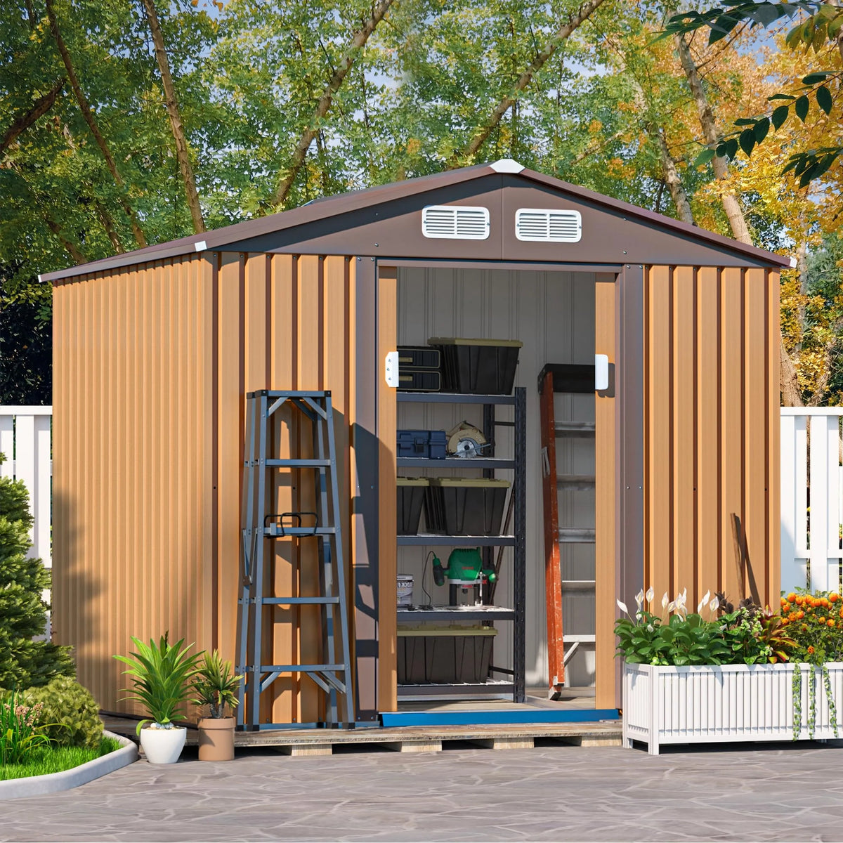 JAXPETY Cobertizo de Jardín y Almacenamiento Exterior de 6×8 Pies – Cobertizo Metálico para Herramientas con Puertas Corredizas para Patio, Jardín o Exteriores – Color Coffee