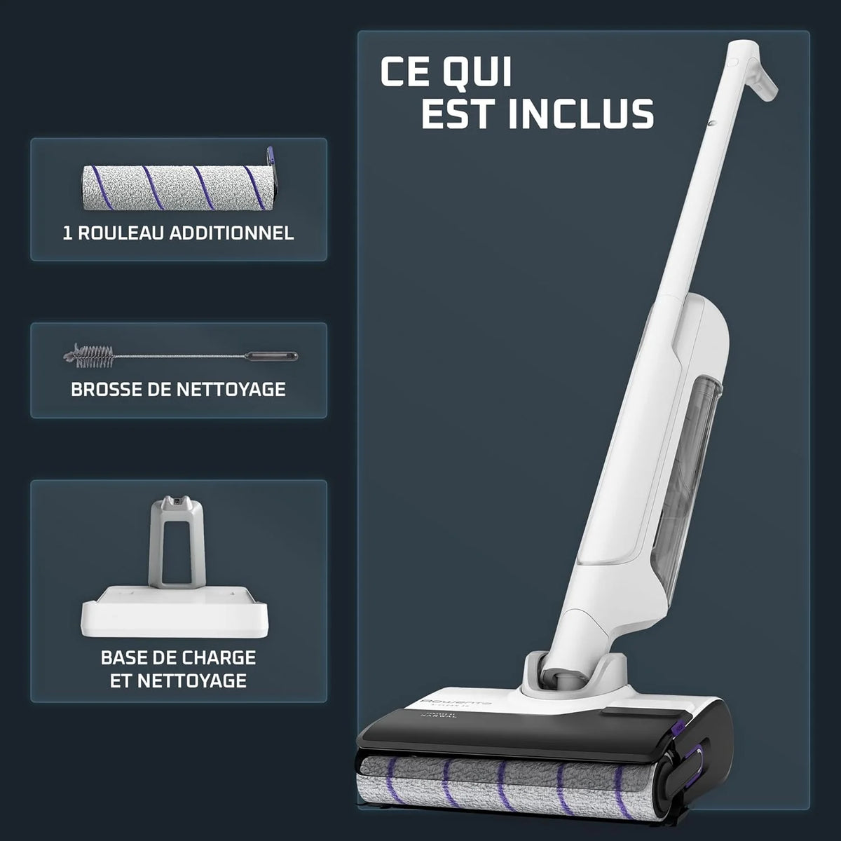 Rowenta X-Clean 10, Aspirateur Laveur sans Fil, Inclinable 180°, Auto-Nettoyage et séchage 65°C, 60min, pour tâches tenaces, Poils d’Animaux YY5785FE, Blanc
