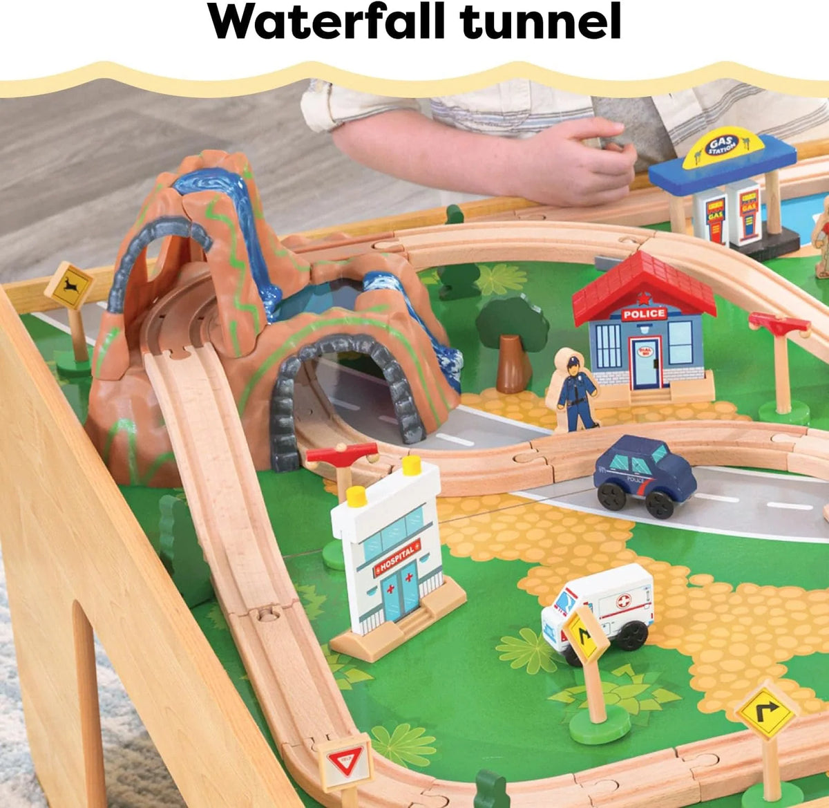 KidKraft Waterfall Mountain Wooden Train and Table Set with Storage Boxes, Railway Circuit with Cars, Helicopter and Plane Toy Children 3+ Years (17850)