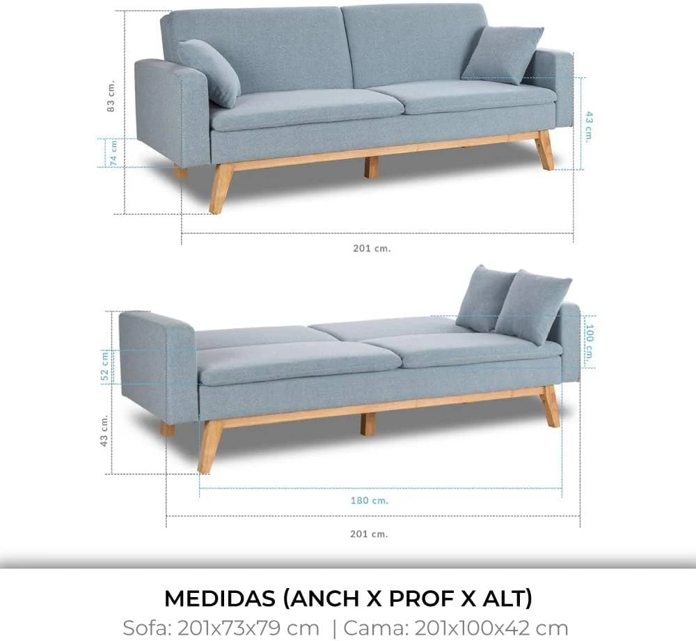 Don Descanso, Sofá Cama 3 plazas Reine, Tapizado en Tela, Sistema Apertura de Libro o Clic-clac, Medida sofá: 201x73x79 cm, Medida Cama: 201x99x42 cm, Incluye 2 Cojines, Gris Claro
