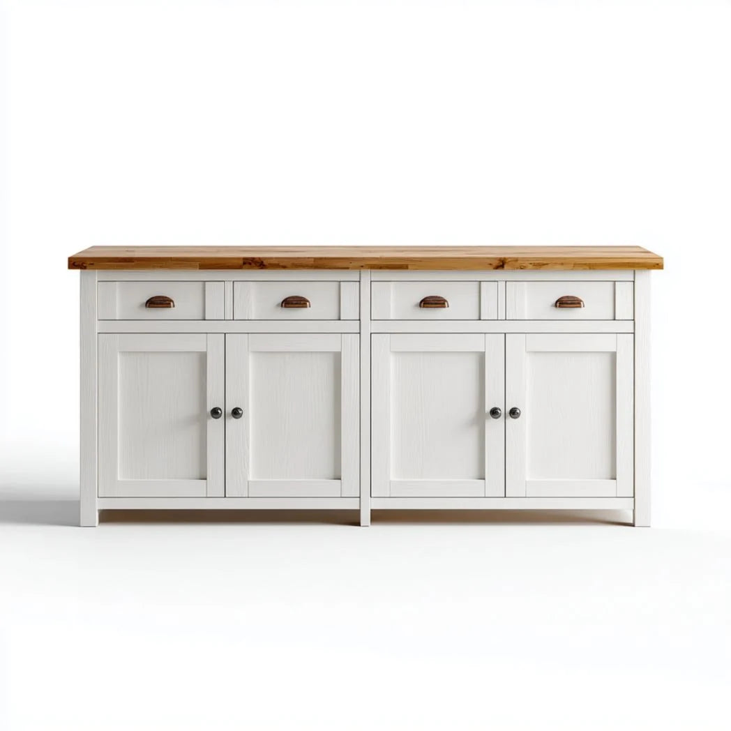 Buffet en bois massif blanc, meuble de rangement à quatre portes et quatre tiroirs avec plateau en chêne
