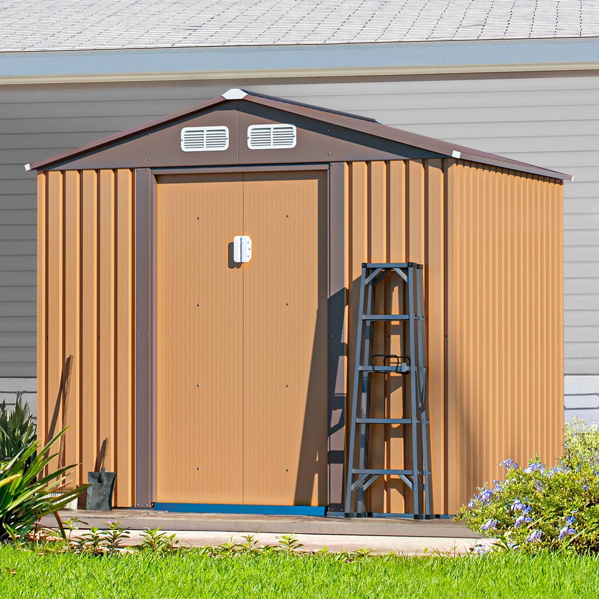 JAXPETY Cobertizo de Jardín y Almacenamiento Exterior de 6×8 Pies – Cobertizo Metálico para Herramientas con Puertas Corredizas para Patio, Jardín o Exteriores – Color Coffee