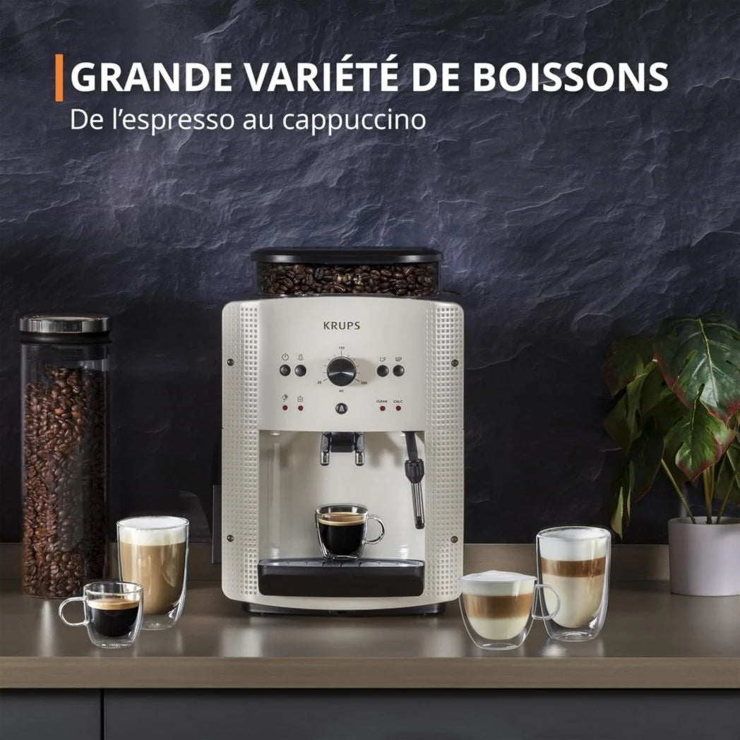 Krups Machine à café à grains, 1,7 L, 2 tasses simultanément, Nettoyage automatique, Buse vapeur pour cappuccino, Cafetière expresso, Essential black YY8125FD, Noir