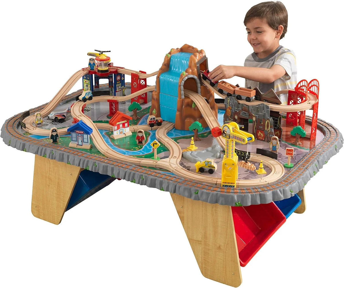 KidKraft Waterfall Mountain Wooden Train and Table Set with Storage Boxes, Railway Circuit with Cars, Helicopter and Plane Toy Children 3+ Years (17850)