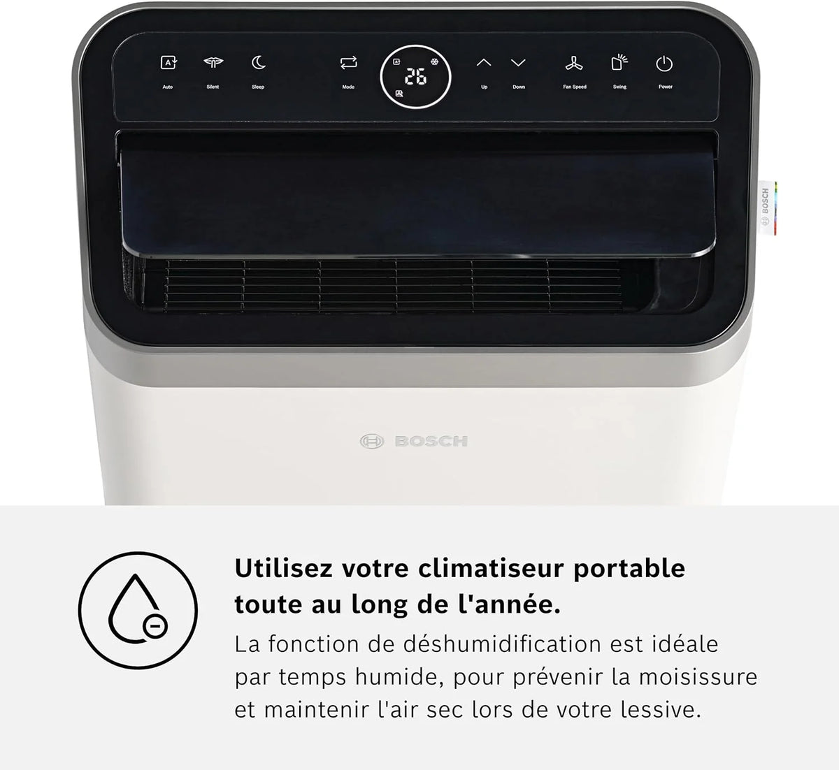 Bosch Cool 4000 Portable AC - 3 en 1 Climatiseur, Déshumidificateur, Ventilateur - 2,6 kW pour les pièces jusqu'à 35m² - Avec Mode Auto, Mode Silencieux et Mode Veille (48 db (A)) Classe A+]
