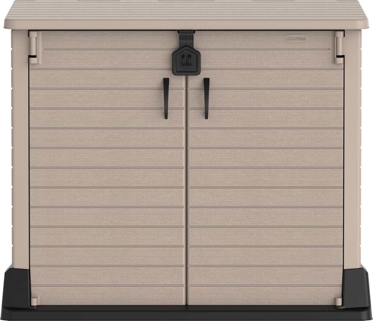 Duramax StoreAway 1200L Plastic Garden Shed/ Flat Lid, Outdoor Storage Shed, Wheelie Bin Hideaways, Wheelie bin box, Durable Construction, Ideal for Bikes, BBQs & 2x 240L Bins, 145x85x125 cm, Brown