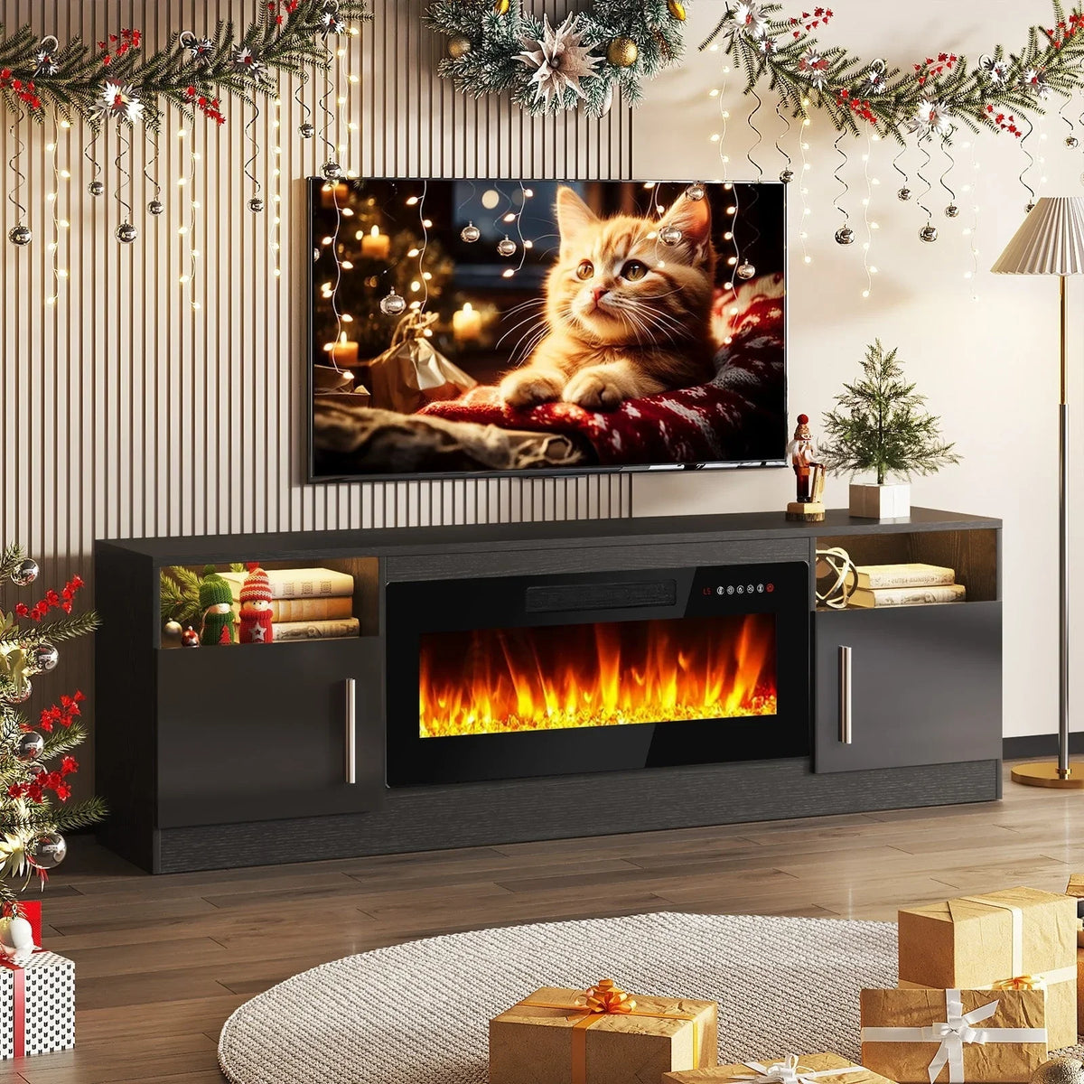 Bossin 70 Fireplace TV Stand with 36 Electric Fireplace, TV Stand for TVs Up to 80, 16 Colors LED Lights/Entertainment Center