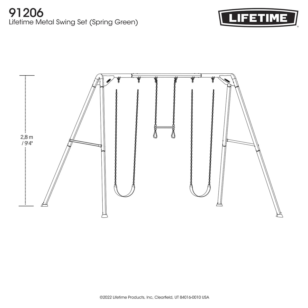 Lifetime Juego de Columpios Metálico para Niños con 2 Columpios de Cinturón y Barra de Trapecio – 9 pies (91206)