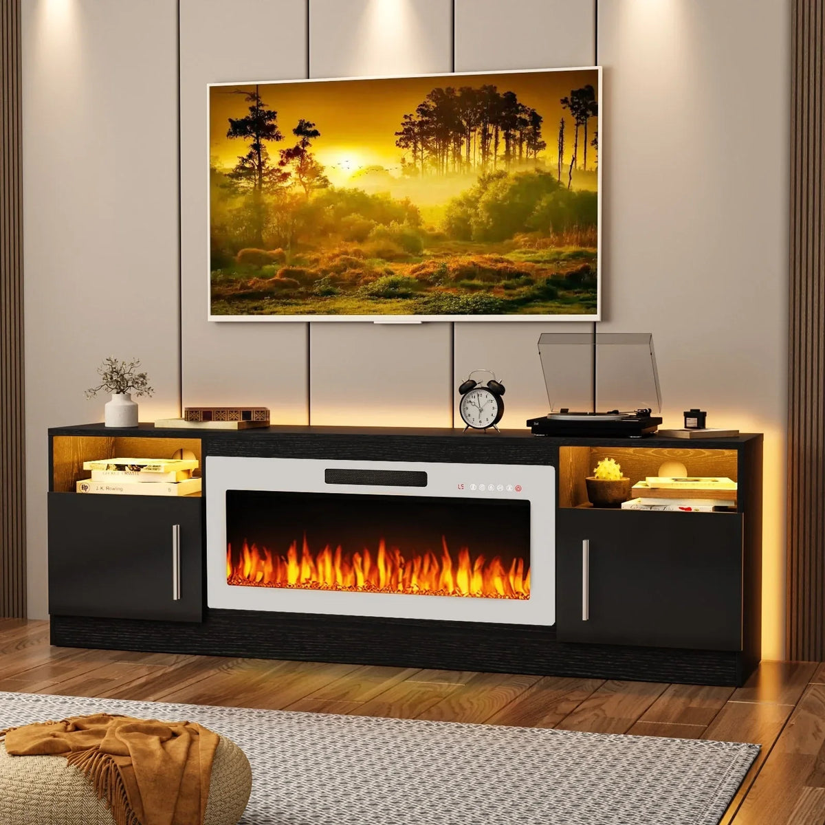 Bossin 70 Fireplace TV Stand with 36 Electric Fireplace, TV Stand for TVs Up to 80, 16 Colors LED Lights/Entertainment Center