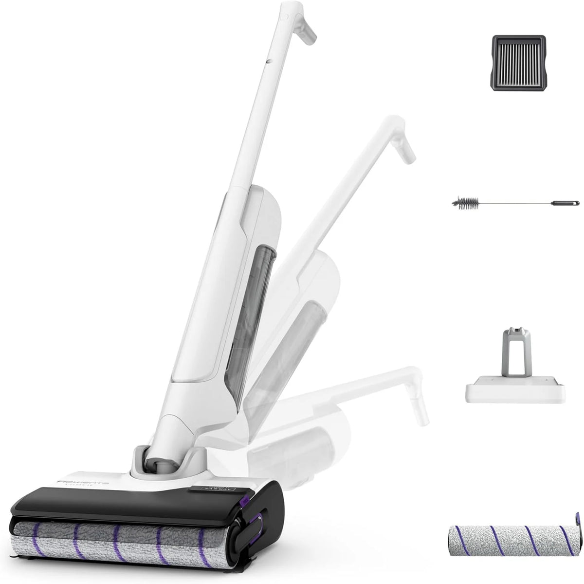 Rowenta X-Clean 10, Aspirateur Laveur sans Fil, Inclinable 180°, Auto-Nettoyage et séchage 65°C, 60min, pour tâches tenaces, Poils d’Animaux YY5785FE, Blanc
