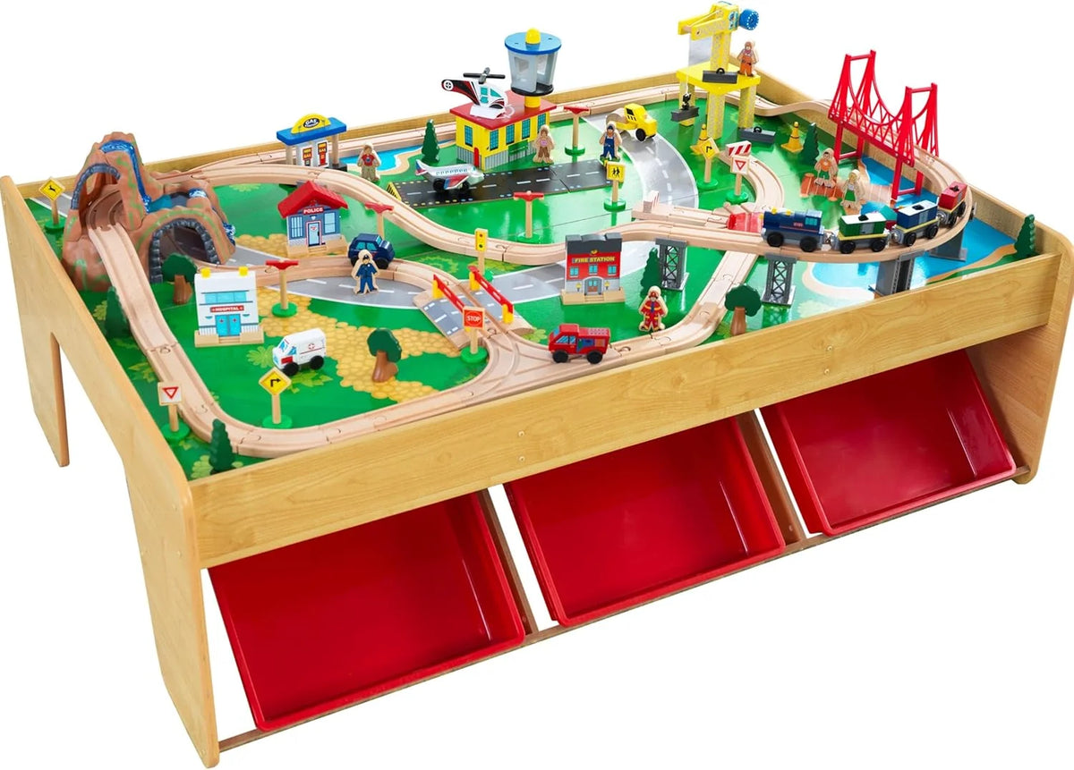 KidKraft Waterfall Mountain Wooden Train and Table Set with Storage Boxes, Railway Circuit with Cars, Helicopter and Plane Toy Children 3+ Years (17850)