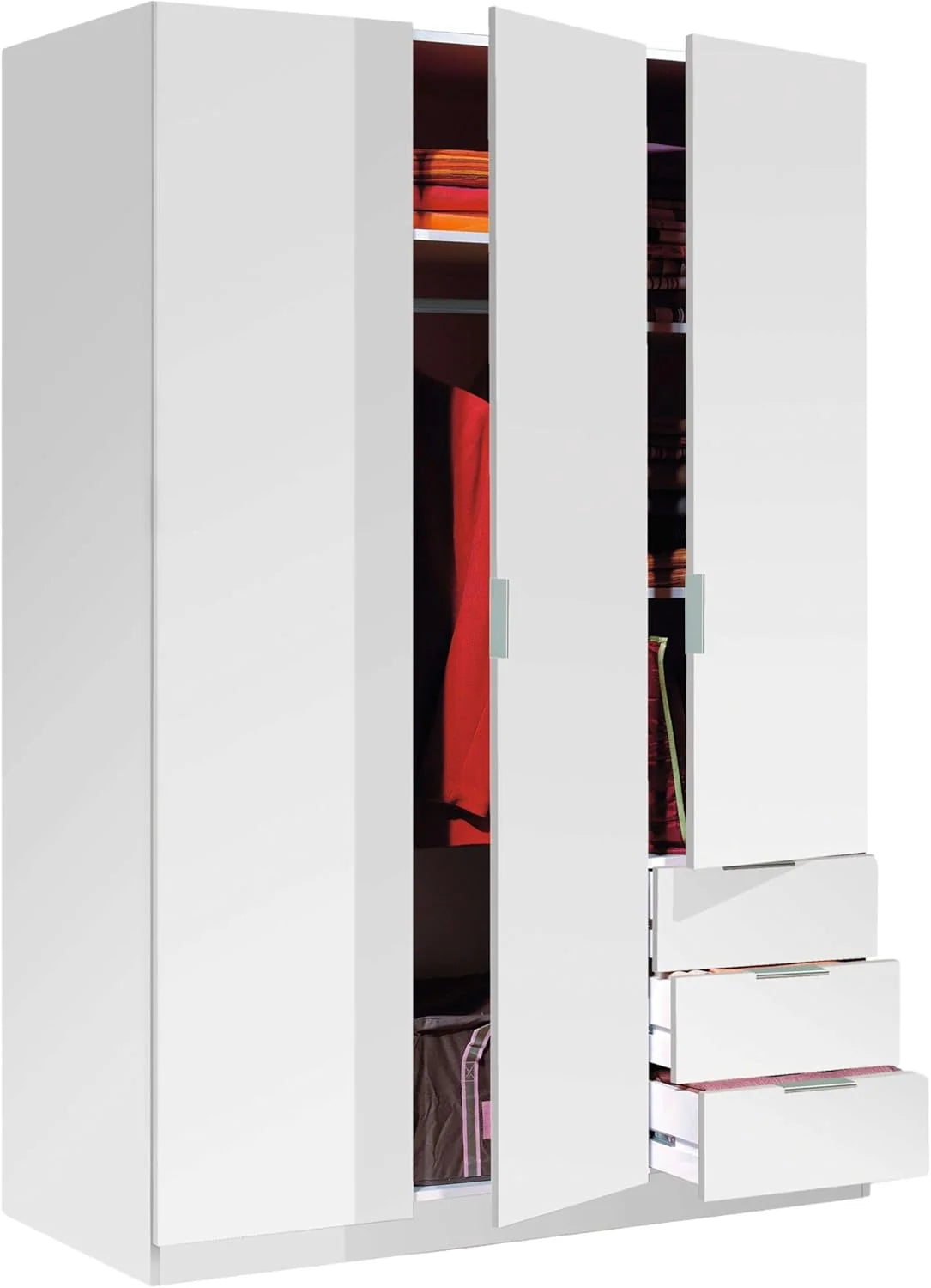 Habitdesign Three Door and Three Drawer Wardrobe Closet, Artic White Finish, Measurements: 121 cm (W) x 180 cm (H) x 52 cm (D)