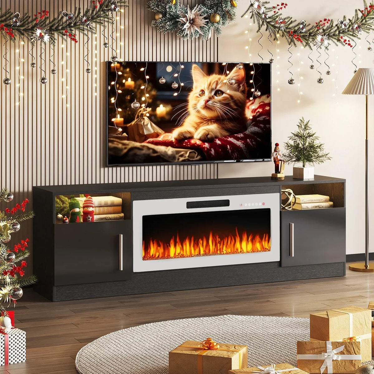 Bossin 70 Fireplace TV Stand with 36 Electric Fireplace, TV Stand for TVs Up to 80, 16 Colors LED Lights/Entertainment Center