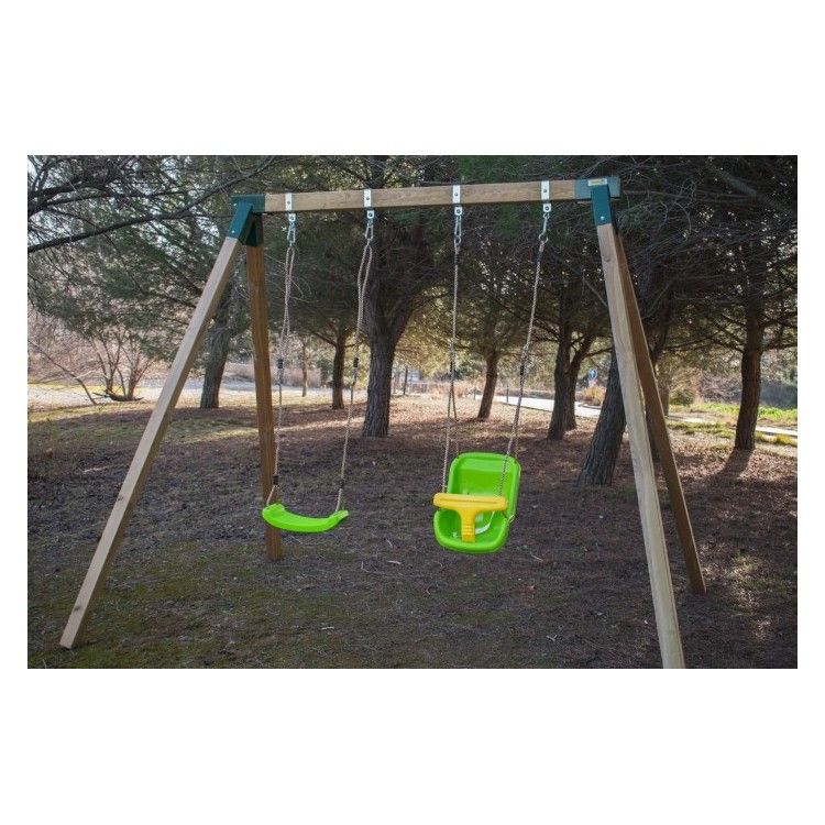 Columpio Doble De Madera Cuadrada Masgames Karai Junior Xl + Asiento Bebé