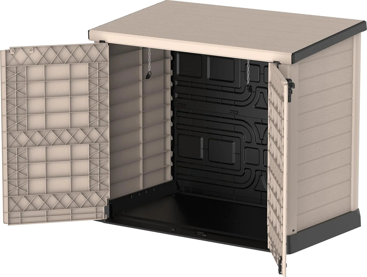 Duramax StoreAway 1200L Plastic Garden Shed/ Flat Lid, Outdoor Storage Shed, Wheelie Bin Hideaways, Wheelie bin box, Durable Construction, Ideal for Bikes, BBQs & 2x 240L Bins, 145x85x125 cm, Brown