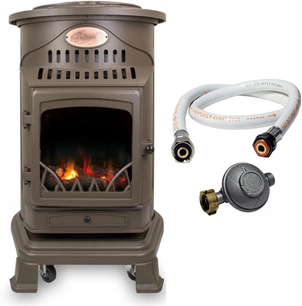 Chauffage d'appoint gaz Provence 3,4 KW Marron miel Effet poêle à bois Fonte Tuyau gaz vissable 1.5 m + detendeur butane